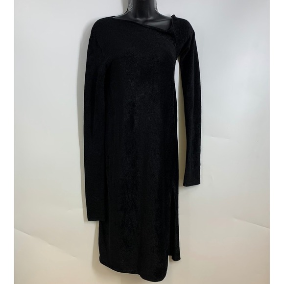 Helmut Lang Dresses & Skirts - Helmut Lang Black Terrycloth Asymmetrical Neck Long Sleeve Midi‎ Dress Size S